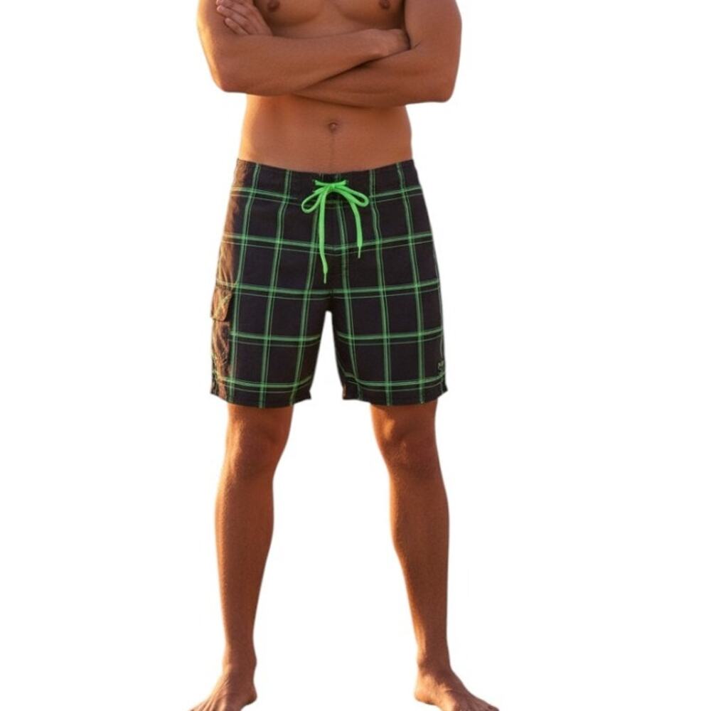 OP Men's Board Shorts Swim Trunks, Green Black Plaid, Size M